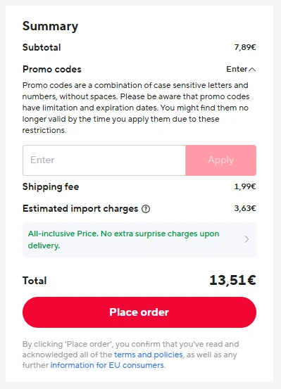 AliExpress checkout Summary: 'Promo codes' with Enter, a code box with an Apply button, then shipping fee, estimated import charges and total