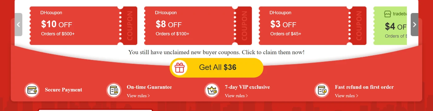 DHgate New User Zone coupon pack: DHcoupons for $10 off $500+, $8 off $100+ and $3 off $45+ with a 'Get All $36' button