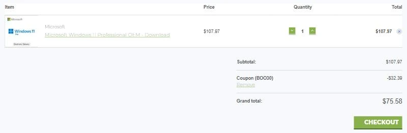 DirectDeals cart: Microsoft Windows 11 Professional OEM Download $107.97, Coupon (BOO30) -$32.39, Grand total $75.58