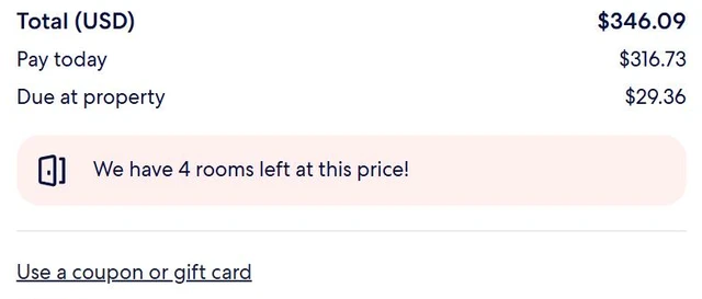 Hotels.com payment page Price details with the 'Use a coupon or gift card' link below the total