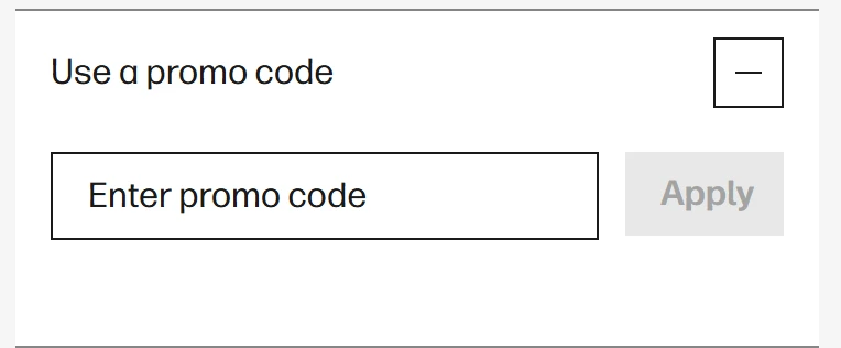 HP cart promo code box: 'Use a promo code' opened to an 'Enter promo code' field with an Apply button