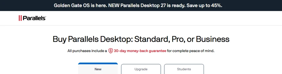 Parallels buy page banner: "Golden Gate OS is here. NEW Parallels Desktop 27 is ready. Save up to 45%." above the heading "Buy Parallels Desktop: Standard, Pro, or Business" and the New, Upgrade and Students tabs