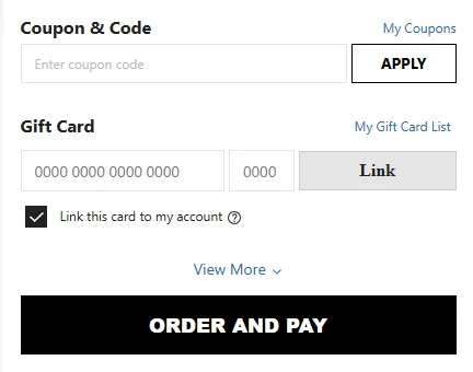 SHEIN checkout: 'Coupon & Code' with an 'Enter coupon code' field, an APPLY button and a My Coupons link, above the Gift Card section and the ORDER AND PAY button