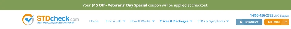 STDcheck banner: "Your $15 Off - Veterans' Day Special coupon will be applied at checkout" above the STDcheck menu