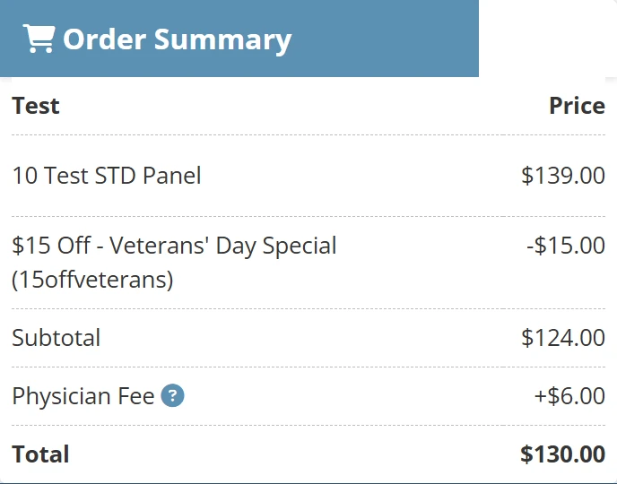 STDcheck Order Summary: 10 Test STD Panel $139.00, "$15 Off - Veterans' Day Special (15offveterans)" -$15.00, subtotal $124.00, physician fee +$6.00, total $130.00