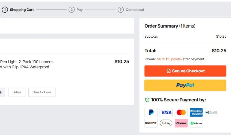 VEVOR cart with the steps Shopping Cart, Pay and Completed, an order summary with a total of $10.25 and 21 reward points, and the Secure Checkout button