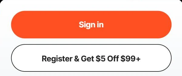 VEVOR account menu with a Sign in button and a Register & Get $5 Off $99+ button