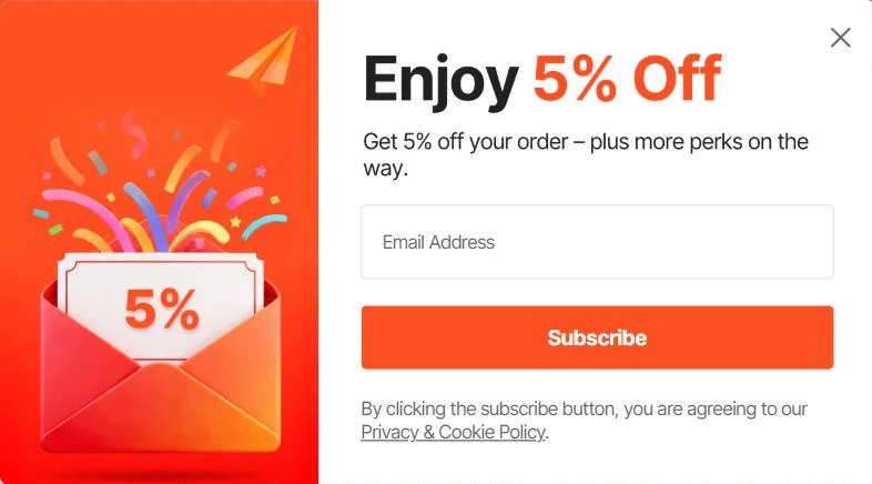 VEVOR pop-up: Enjoy 5% Off. Get 5% off your order, plus more perks on the way. Email Address field and Subscribe button