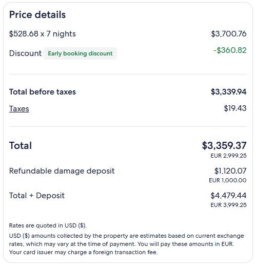 Vrbo Price details: 7 nights, a Discount line labelled 'Early booking discount' taken off before taxes, then taxes, total and a refundable damage deposit