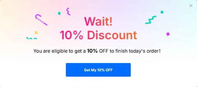 Wondershare checkout pop-up: "Wait! 10% Discount. You are eligible to get a 10% OFF to finish today's order!" with a "Get My 10% OFF" button